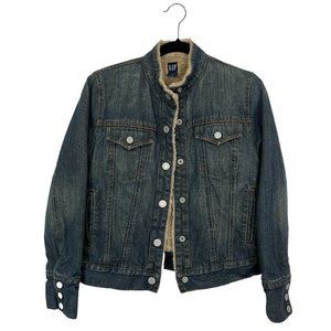 GAP Women's Y2K Sherpa Lined Snap Up Denim Jean Jacket Size S Blue